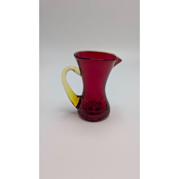 Vintage Blanko Ruby Red Crackle Glass Creamer Amber Yellow Handle - Picture 3 of 7